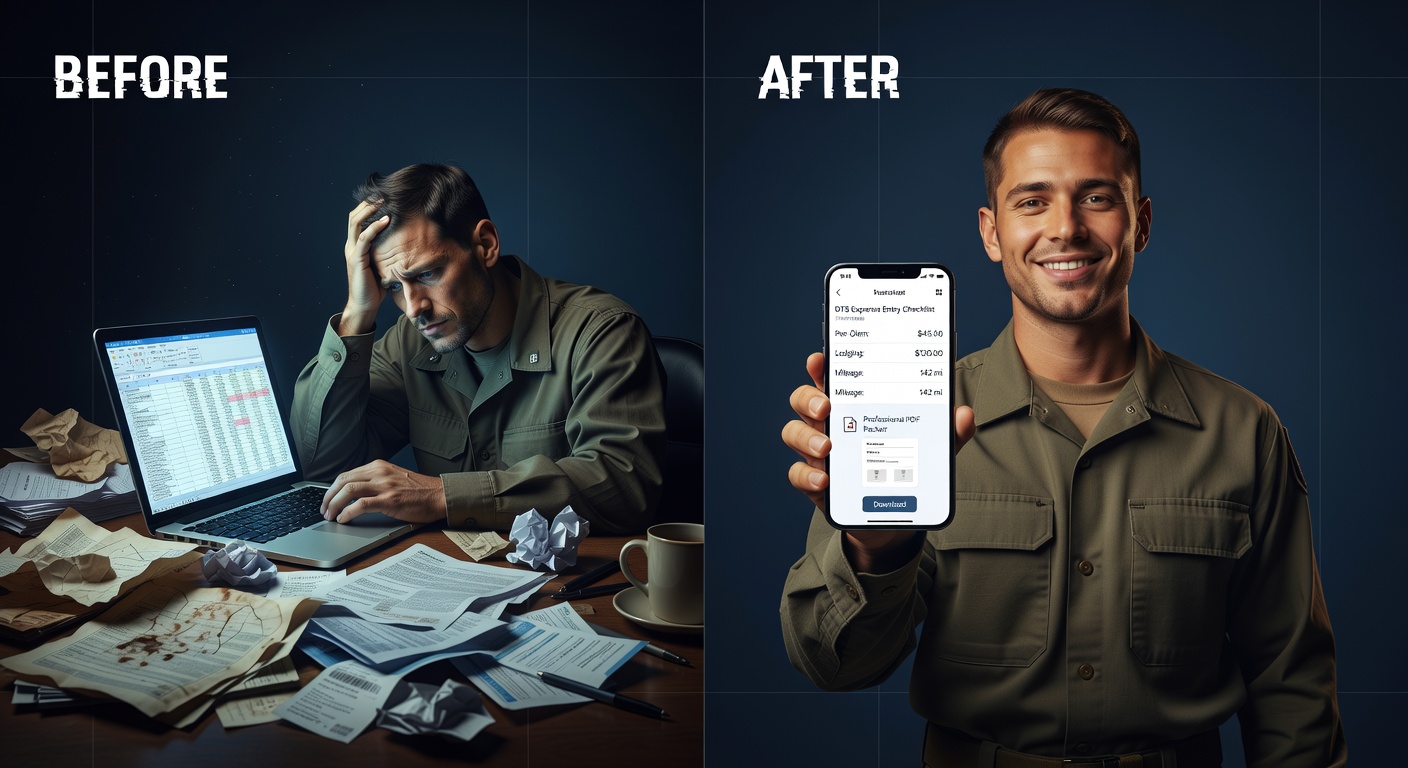 Before and after: messy receipts vs clean DTS checklist