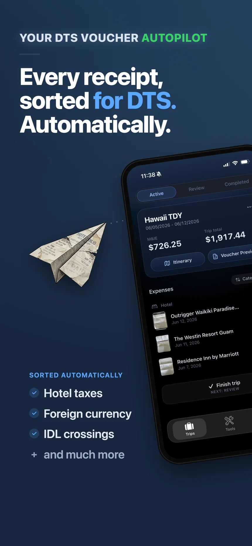 Every receipt, sorted for DTS — automatically