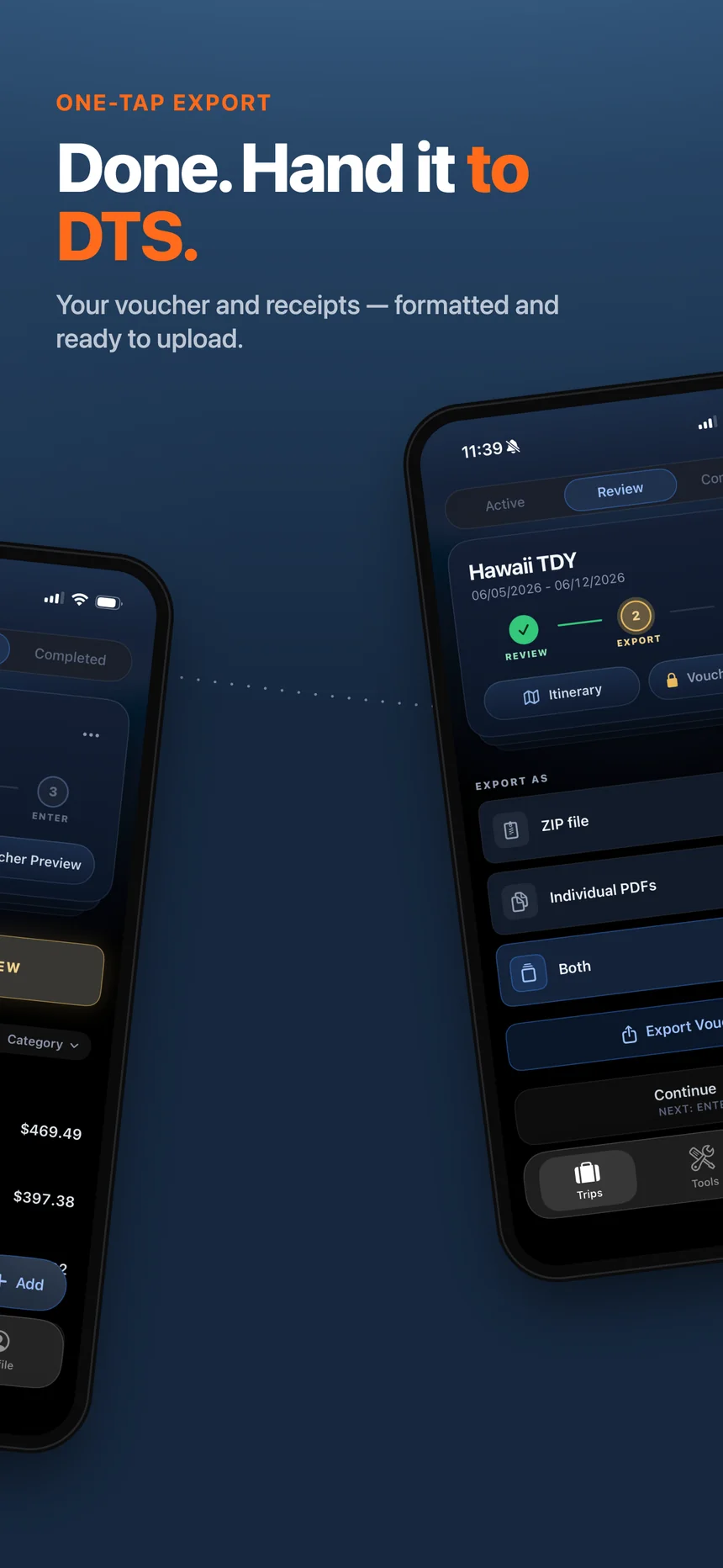 Done — hand it to DTS. One-tap export