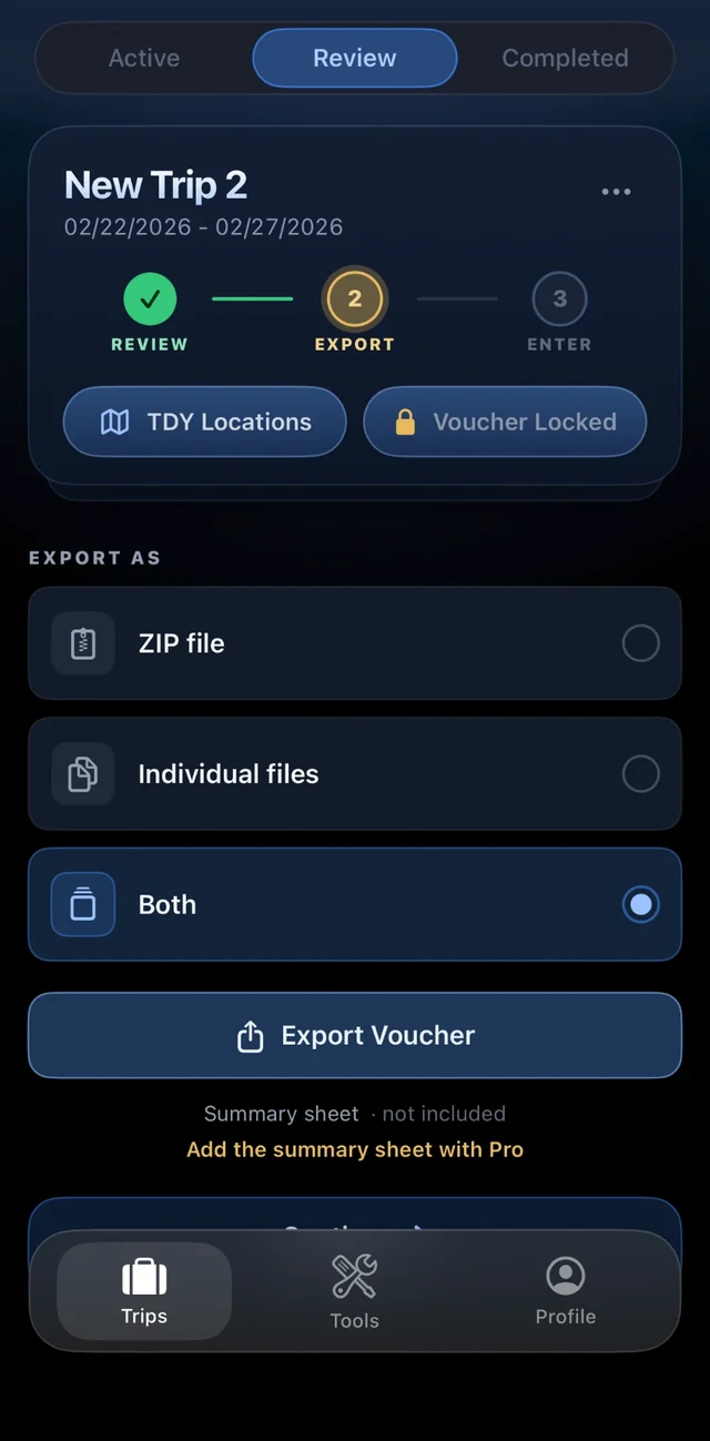 Export screen — ZIP file, individual files, or both, with the Export Voucher button