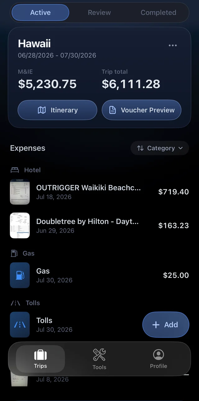 Active trip screen — parsed hotel folios, gas, and tolls filling the expenses list