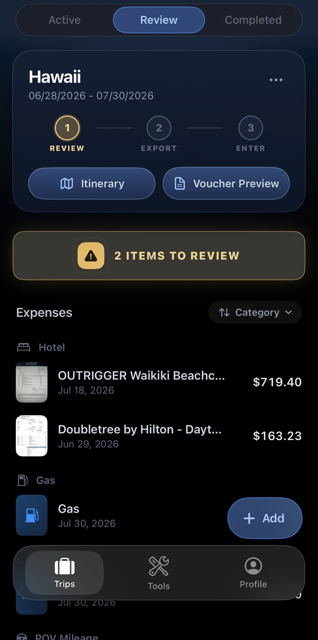 Review screen — progress stepper and a '2 items to review' advisory